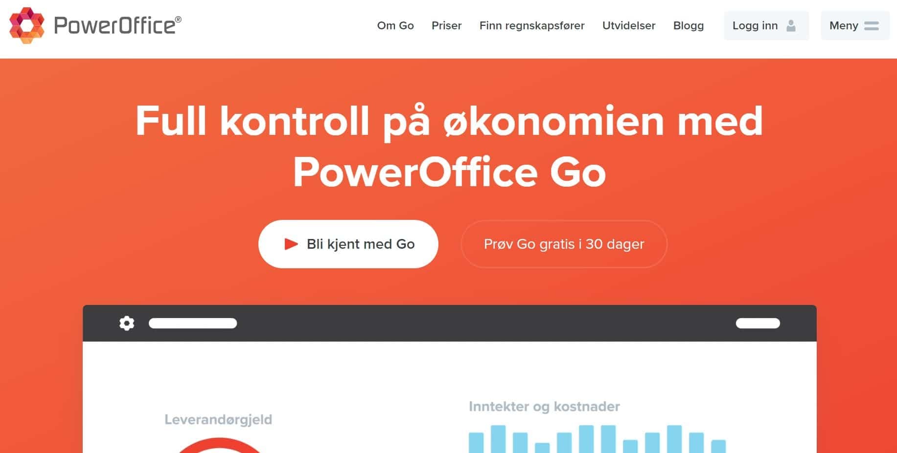 Skjermbilde av forsiden til PowerOffice, brukt som illustrasjon i artikkel om å finne regnskapsfører som kan dette programmet